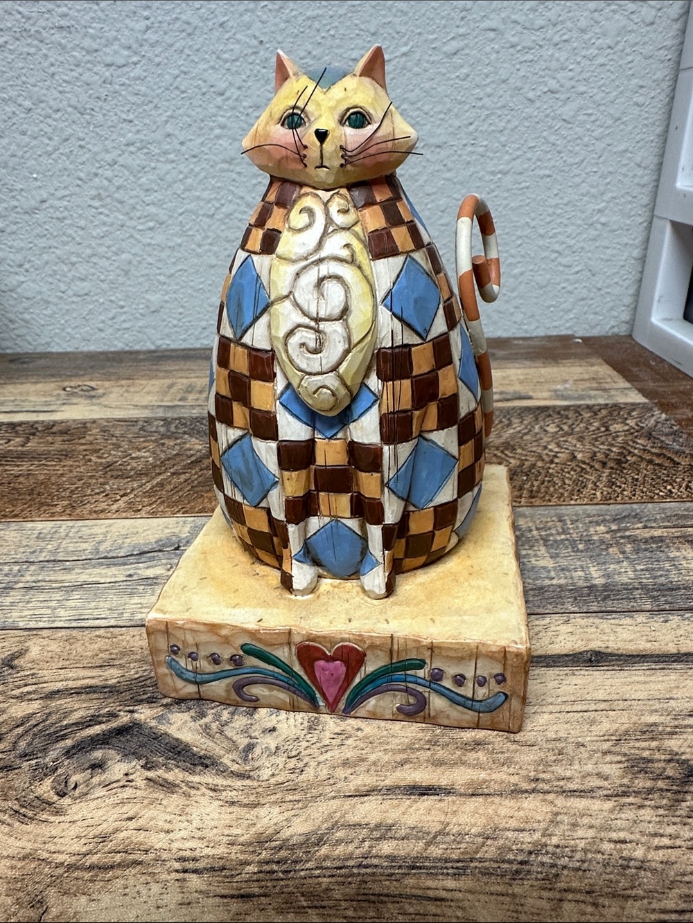 Jim Shore Blue and Brown Checkered Cat Sculpture ABIGAIL